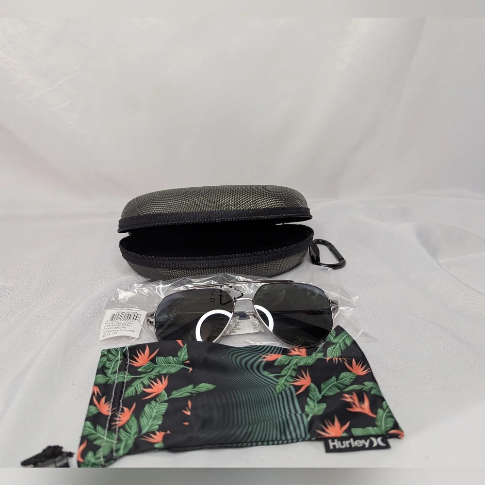 NWT Hurley Men's Beachbreak Shiny Gunmetal Sunglasses with Case